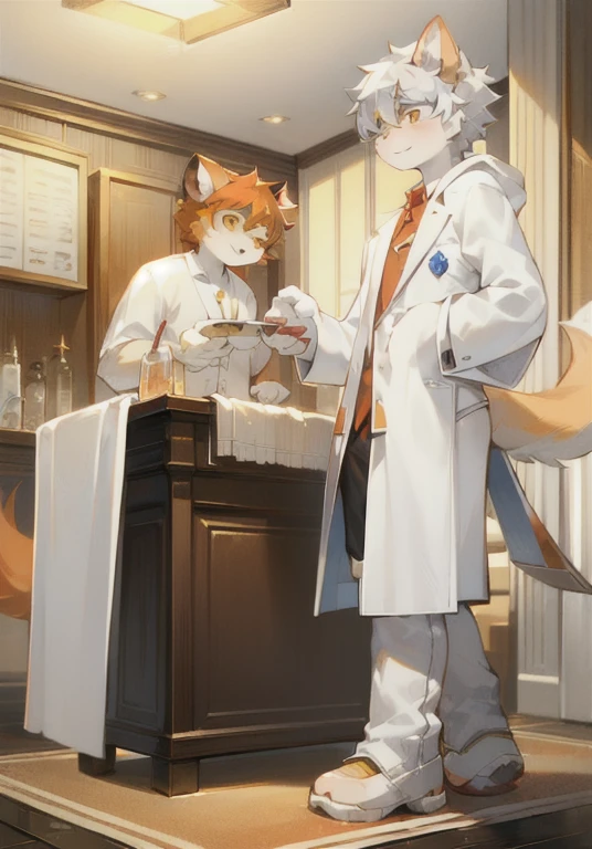 White male cat,Boys,Lovely,Handsome,Silver Hair,Golden Eyes,Big furry tail,Meat pad,Orange Hair,White hair,experiment,在experiment室里,Wearing a white coat,chemist,Detailed background