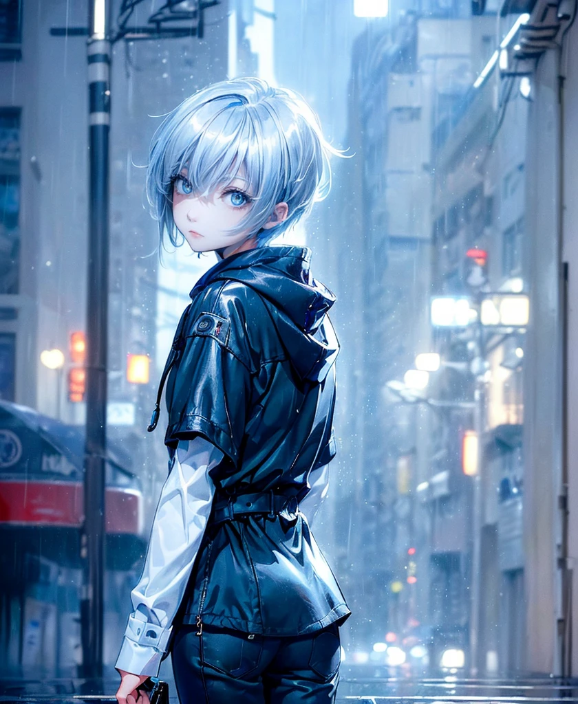 ((4K Works))、masterpiece、(Highest quality)、One beautiful girl、The body is slim、expensive、((Black Y-shirt and white pants、Charming street style))、Please put on a jacket.、Wearing a hood to hide his face、(Beautiful eyes in every detail)、Morning City、((Rainy Town))、Fashionable city with morning rain、During a walk、((Face similar to Carly Rae Jepsen))、((short-haired gray hair))、((Makes your face smaller))、((Neutral face))、((Bright Blue Eyes))、((American adult women))、((Adult female, 2))、((Cool woman))、((Like a celebrity))、((A lonely look))、((Korean Makeup))、((elongated and sharp eyes))、((Happy Date))、((boyish))、((Upper body photo shoot))、Professional photos、((Model Photo))、((Shot alone))、((She is under the roof))、((Look up at the sky))、((Shooting from behind))、((She is looking upwards))、((Her eyes are looking up))、((Increase the angle of the face))、((She is walking in front of the viewer))