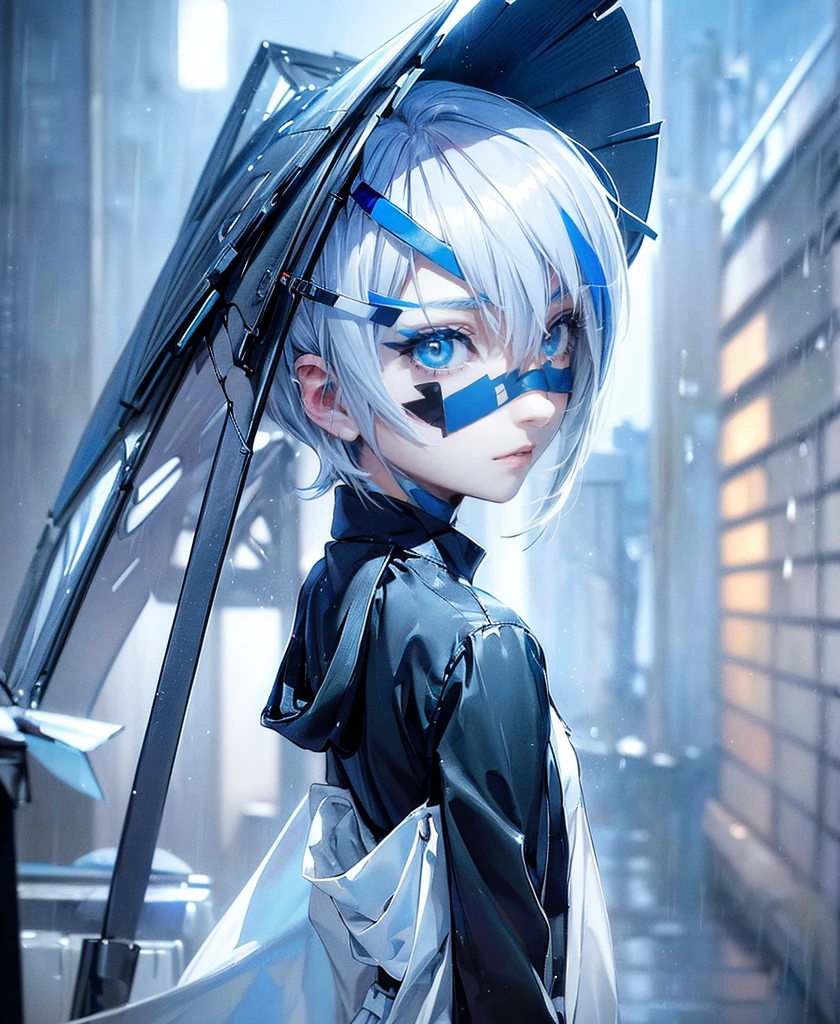 ((4K Works))、masterpiece、(Highest quality)、One beautiful girl、The body is slim、expensive、((Black Y-shirt and white pants、Charming street style))、Please put on a jacket.、Wearing a hood to hide his face、(Beautiful eyes in every detail)、Morning City、((Rainy Town))、Fashionable city with morning rain、During a walk、((Face similar to Carly Rae Jepsen))、((short-haired gray hair))、((Makes your face smaller))、((Neutral face))、((Bright Blue Eyes))、((American adult women))、((Adult female, 2))、((Cool woman))、((Like a celebrity))、((A lonely look))、((Korean Makeup))、((elongated and sharp eyes))、((Happy Date))、((boyish))、((Upper body photo shoot))、Professional photos、((Model Photo))、((Shot alone))、((She is under the roof))、((Look up at the sky))、((Shooting from behind))、((She is looking upwards))、((Her eyes are looking up))、((Increase the angle of the face))、((She is walking in front of the viewer))