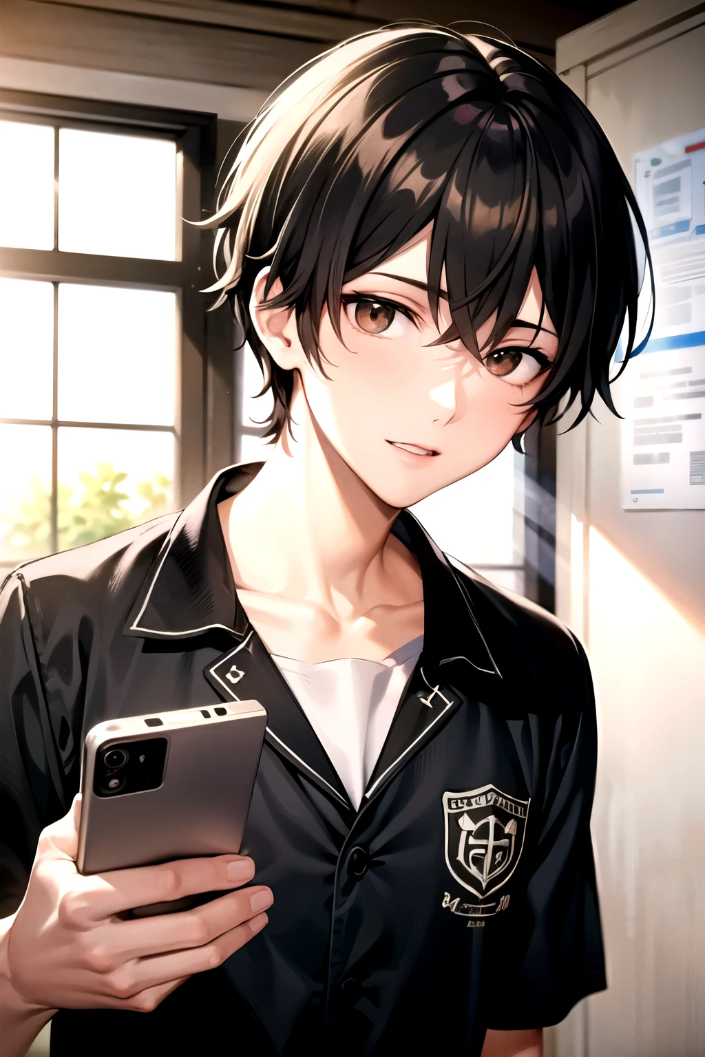 boy, messy short black hair, brown eyes, wearing a black high school uniform