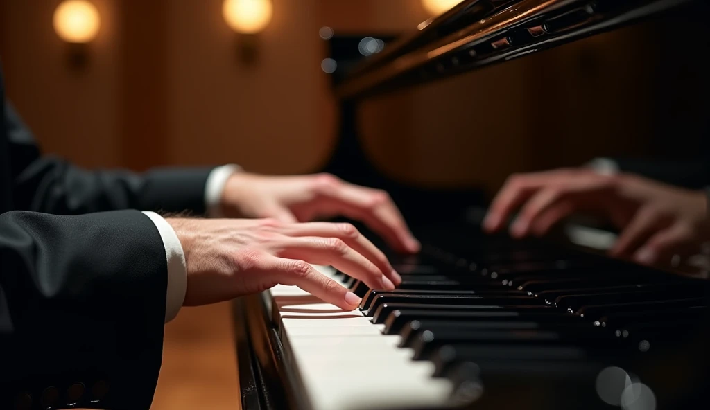a highly detailed and artistic image of a young male pianist's hands gracefully playing a grand piano. The focus should be on the hands, which are elegantly positioned over the piano keys, capturing the moment of a beautiful melody. The piano should be sleek and sophisticated, possibly a black grand piano, reflecting the grandeur and elegance of a classical music concert. The background should be softly blurred to ensure the hands and piano are the central focus, but can hint at a luxurious concert hall setting with dim, warm lighting. This image is intended to be used as a background for a concert flyer, so it should evoke a sense of artistry, passion, and the beauty of classical music.