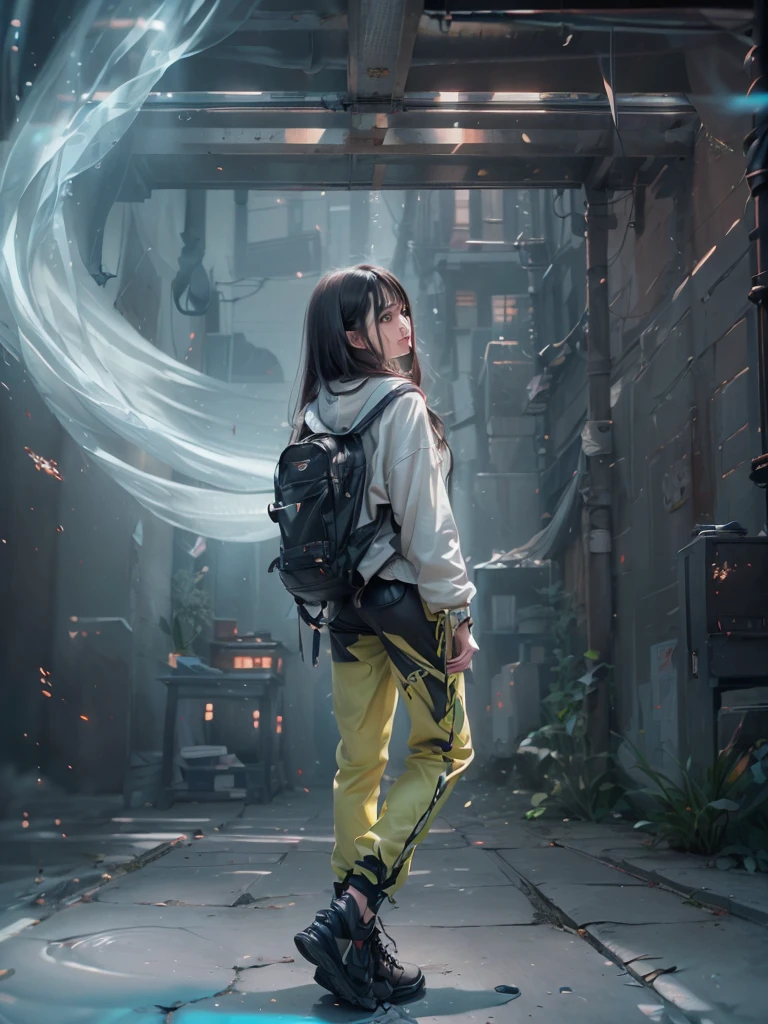 Best quality at best, Top image quality, wallpaper 16k, Raw image, realistic texture masterpiece: 1.9, (((medium long shot))), blur background, image must taken from medium long shot, hyper realistic:5.5, realistic all object texture, (relax pose), relax hand, black gradient white hair, realistic beautiful chinese female, epic dramatic cinematic, Ultra-realistic light, soft lighting, (( perfect female hair masterpiece)), medium long or shorts hair with light black hair, 1 face woman, eye detail masterpiece, pores1.5, realistic skin masterpiece, realistic shadow, slender legs, very slender female physique, yellow jumper hoodie, oversize hoodie, realistic solid cotton wearing masterpiece, realistic solid shoe, 1Girl, tall girl, background 8.5, brunette black hair, Chinese woman, Live the life of Riley, ((long solid cotton trousers)), clear sky:1.3, cyberpunk backpack, sneaker shoe, strong reflection, lighting from side, dramatic side lighting, Background blur, mystical dark japanese steampunk city neon glow light portal: 1.2, light ray realistic masterpiece, warm sun light, warm ray light: 1.2, glow light: 1.2, random light color for the best combination, cinematic grains:1.4, tmasterpiece, masterpiece, ((masterpiece)), (falling glow particle), (taken from below-up perspective shot), image taken from fujifilm xt-3 with Fujinon 50mm lens, appeture f2, shot from below perspective, octan render hyper-realistic power max, Pulitzer Prize for Best Photography, Taylor Wessing Award for Best Photography, Blur the background with a sickle. White smoke foreground and background. Realistic asian female body. Using Photography techniques: Rule of Thirds, Centered Composition and Symmetry, Foreground Interest and Depth, (Frame with the frame), (rule of space), (shot from below), anime tone color, vivid color, vivid glow color masterpiece, reflection:1.5, ultra detail solid trousers, realistic hoodie, super detail of realistic wearing, oval head face, (( strong contrast))