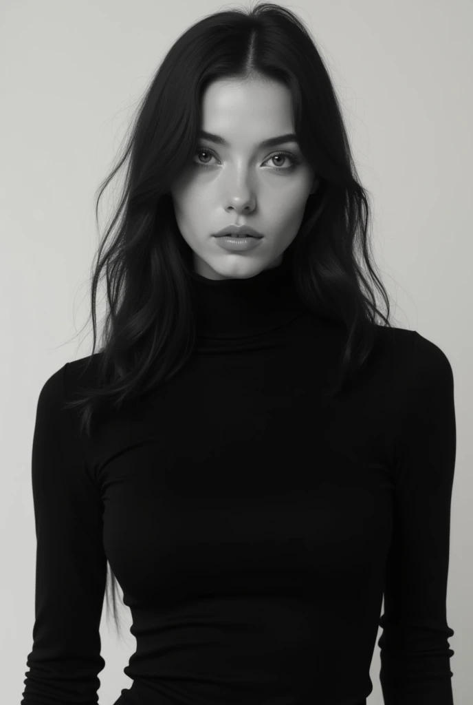 A woman in a black turtleneck with black long hair stares straight ahead, showing no emotion.