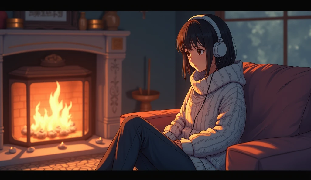 Perfect image, 8k、winter、high school girl、sweater、Long trousers、Using headphones、fireplace、 2D-style animation, Lo-Fi、Retro、Emotional、Anime style illustrations
