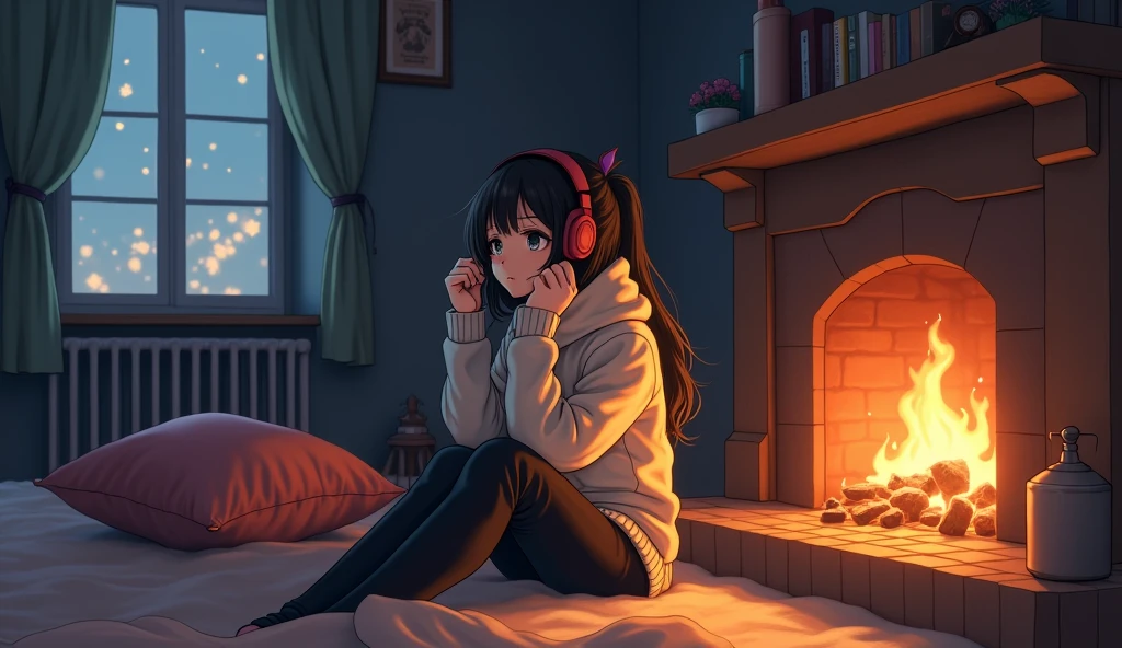 Perfect image, 8k、winter、high school girl、sweater、Long trousers、Using headphones、fireplace、 2D-style animation, Lo-Fi、Retro、Emotional、Anime style illustrations