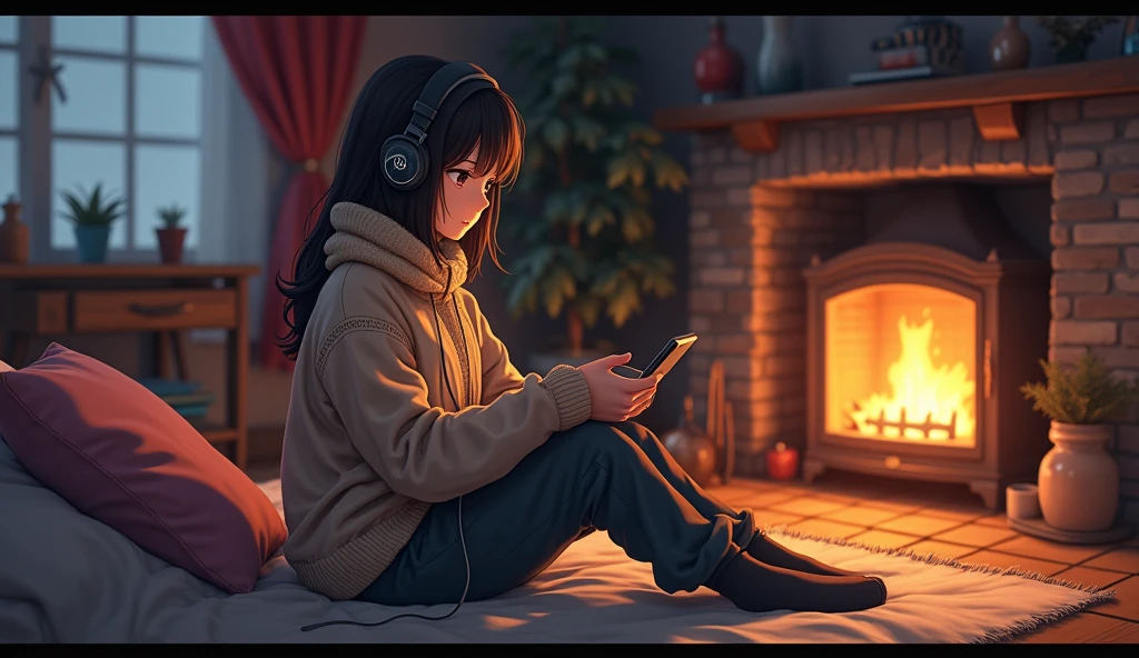 Perfect image, 8k、winter、high school girl、sweater、Long trousers、Using headphones、fireplace、 2D-style animation, Lo-Fi、Retro、Emotional、Anime style illustrations