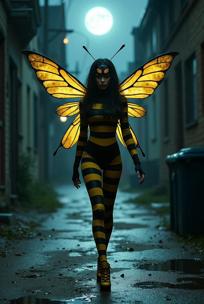A woman walking down a dimly lit alley dressed as a wasp on Halloween, the moon is full, There are puddles of water on the floor.