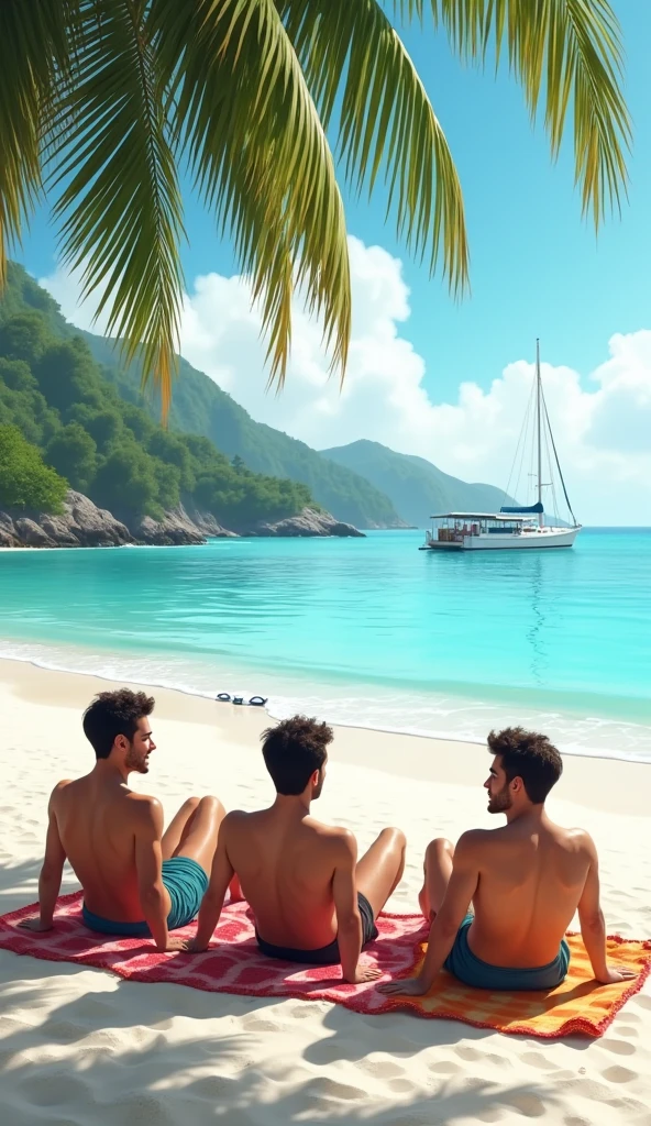 The trio relaxing on a beautiful Thai beach with clear blue water and white sand. They are enjoying the sun and sea, depicting tranquility and relaxation.male friends three friends
