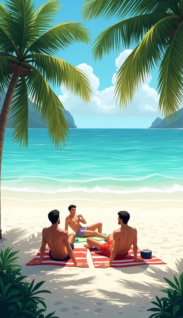 The trio relaxing on a beautiful Thai beach with clear blue water and white sand. They are enjoying the sun and sea, depicting tranquility and relaxation.male friends three friends 