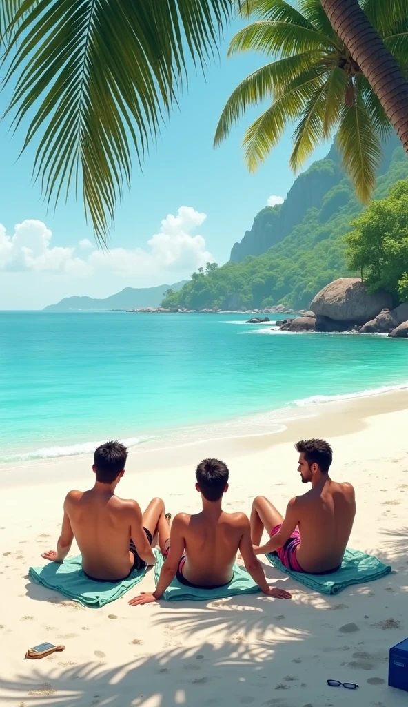 The trio relaxing on a beautiful Thai beach with clear blue water and white sand. They are enjoying the sun and sea, depicting tranquility and relaxation.male friends three friends