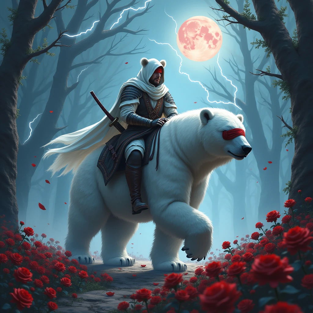 Godlike, in it a male knight with a white hood with bear ears and a katana at his back is riding a polar bear in a forest while the moon shines, many Roses cover the ground and lightning falls from the sky. The polar bear has black eyes. Only the man wears a red blindfold. In the background of the picture is the blood moon.
