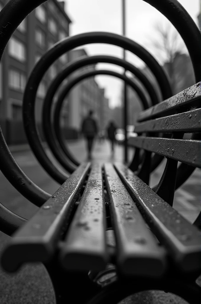 Create a black-and-white photograph with a unique perspective. The image should focus on a park bench captured from a low angle, looking through a series of circular metal rings that line the sides of the bench. The rings should form a tunnel-like effect, leading the viewer's eye toward a vanishing point in the distance. The bench should appear slightly wet, as if it had recently rained, with city buildings and a street visible in the blurred background. The overall mood should be atmospheric and contemplative, highlighting urban solitude