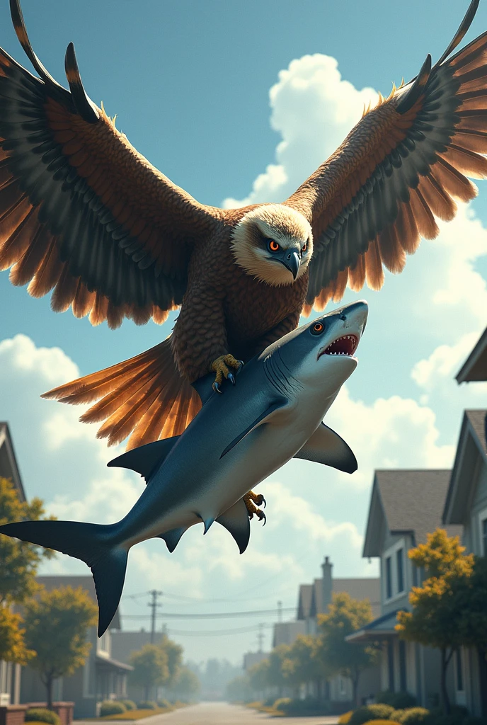 A picture of a bird of prey dropping a shark it has captured as prey over a residential area