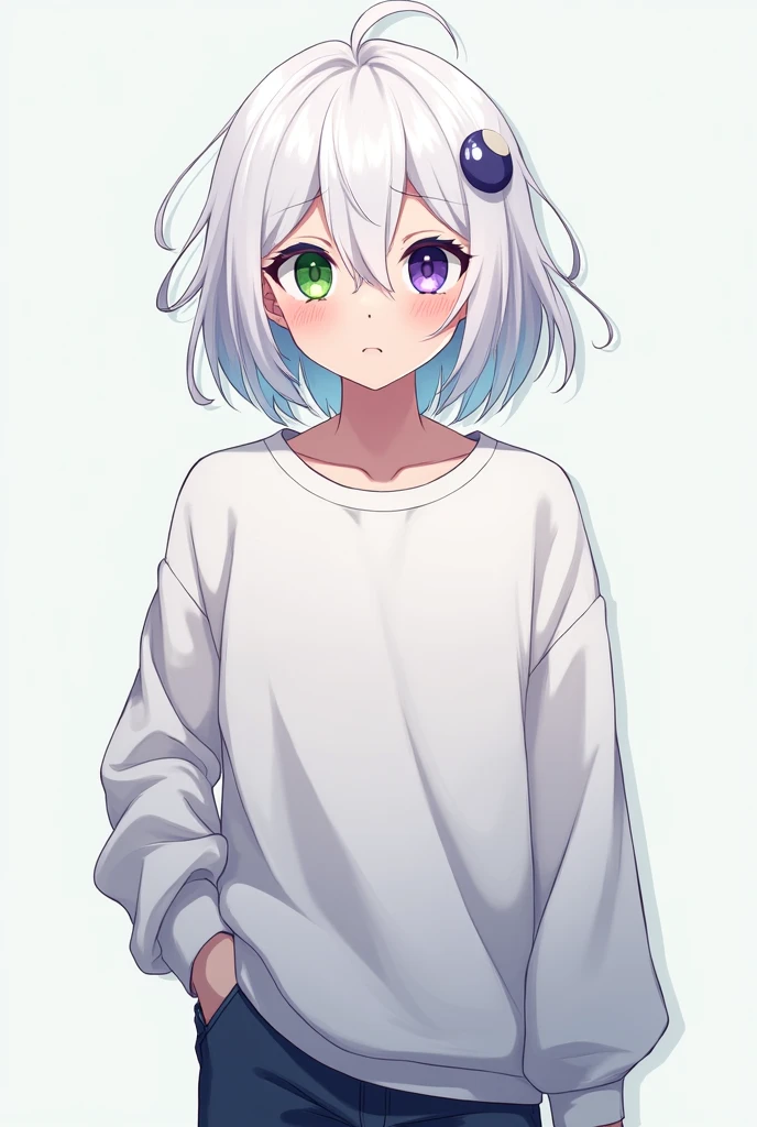 A man with a playful appearance, shoulder-length white hair, one eye of bright green color and the other of violet color, has approximately 1.20 tall and wears a loose white sweatshirt. NON-EFFEMINATE MAN, IT'S A MAN NOT A WOMAN. Anime version for RPG.