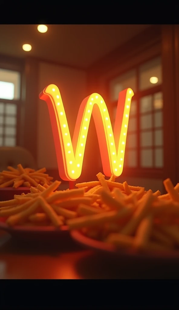 (masterpiece, best quality:1.2), (detailed, hyper-detailed, 8K HD, ultra-realistic:1.3), a scene where the "Wack" logo appears prominently on the screen. The "W" is emphasized, with a subtle silhouette of fries in the background. The overall design is simple, yet the logo and fries are visually striking. The warm lighting illuminates the scene, with the background kept minimal to allow the silhouette of the fries to softly stand out. The image is rendered in ultra-high resolution, RAW photo quality, capturing every detail with sharp clarity.