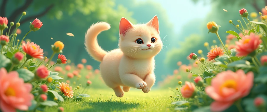 masterpiece,best quality, Kawaii Anime A cat is running around happily in a flower garden., Studio Ghibli Inspired