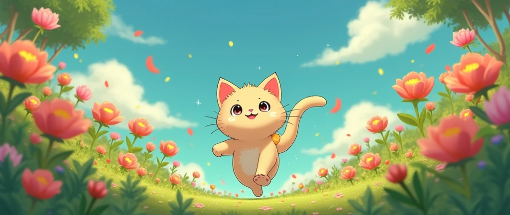 masterpiece,best quality, Kawaii Anime A cat is running around happily in a flower garden., Studio Ghibli Inspired