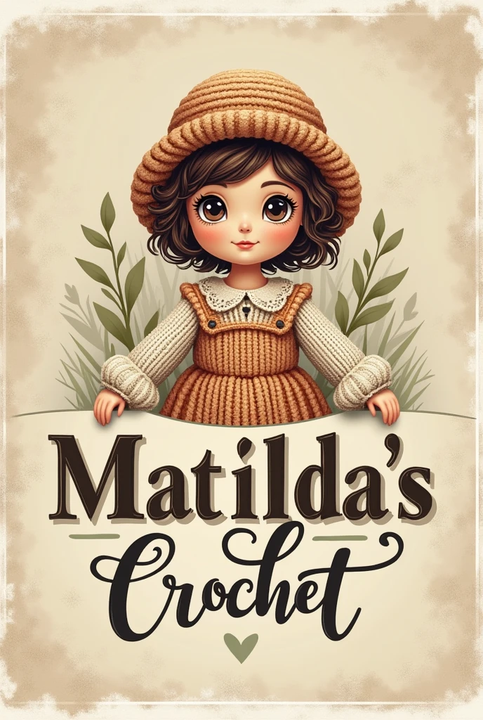 a logo written matildas crochet, with a doll, all in vintage style
