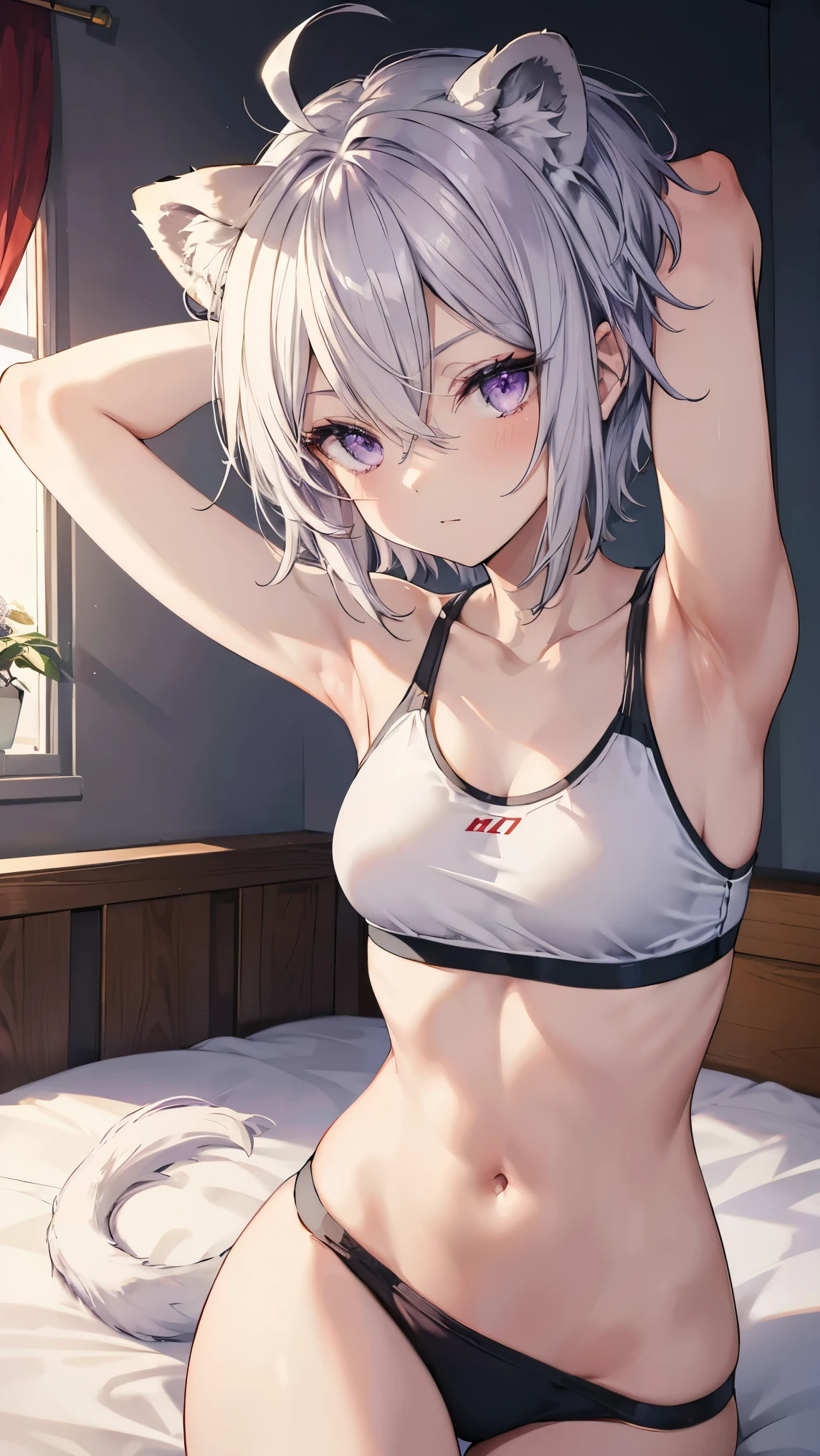 ,Highest quality,Silver Hair,Lion tail,Lion ears,Purple Eyes,Very short hair,Straight Hair,Flat breasts,Slanted Eyes,Sports Bra,Bedroom,On the bed,slender,