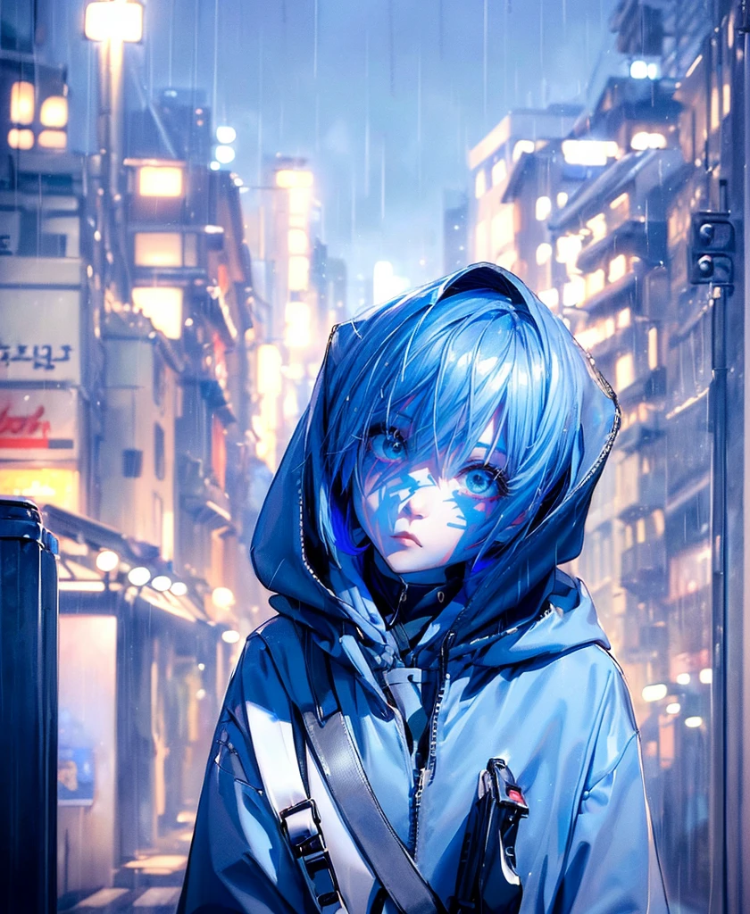 ((4K Works))、masterpiece、(Highest quality)、One beautiful girl、The body is slim、expensive、((Black Y-shirt and white pants、Charming street style))、Please put on a jacket.、Wearing a hood to hide his face、(Beautiful eyes in every detail)、Morning City、((Rainy Town))、Fashionable city with morning rain、During a walk、((Face similar to Carly Rae Jepsen))、((short-haired gray hair))、((Makes your face smaller))、((Neutral face))、((Bright Blue Eyes))、((American adult women))、((Adult female, 2))、((Cool woman))、((Like a celebrity))、((A lonely look))、((Korean Makeup))、((elongated and sharp eyes))、((Happy Date))、((boyish))、((Upper body photo shoot))、Professional photos、((Model Photo))、((Shot alone))、((She is under the roof))、((Look up at the sky))、((Shooting from behind))、((She is looking upwards))、((Her eyes are looking up))、((Increase the angle of the face))、((She is walking in front of the viewer))
