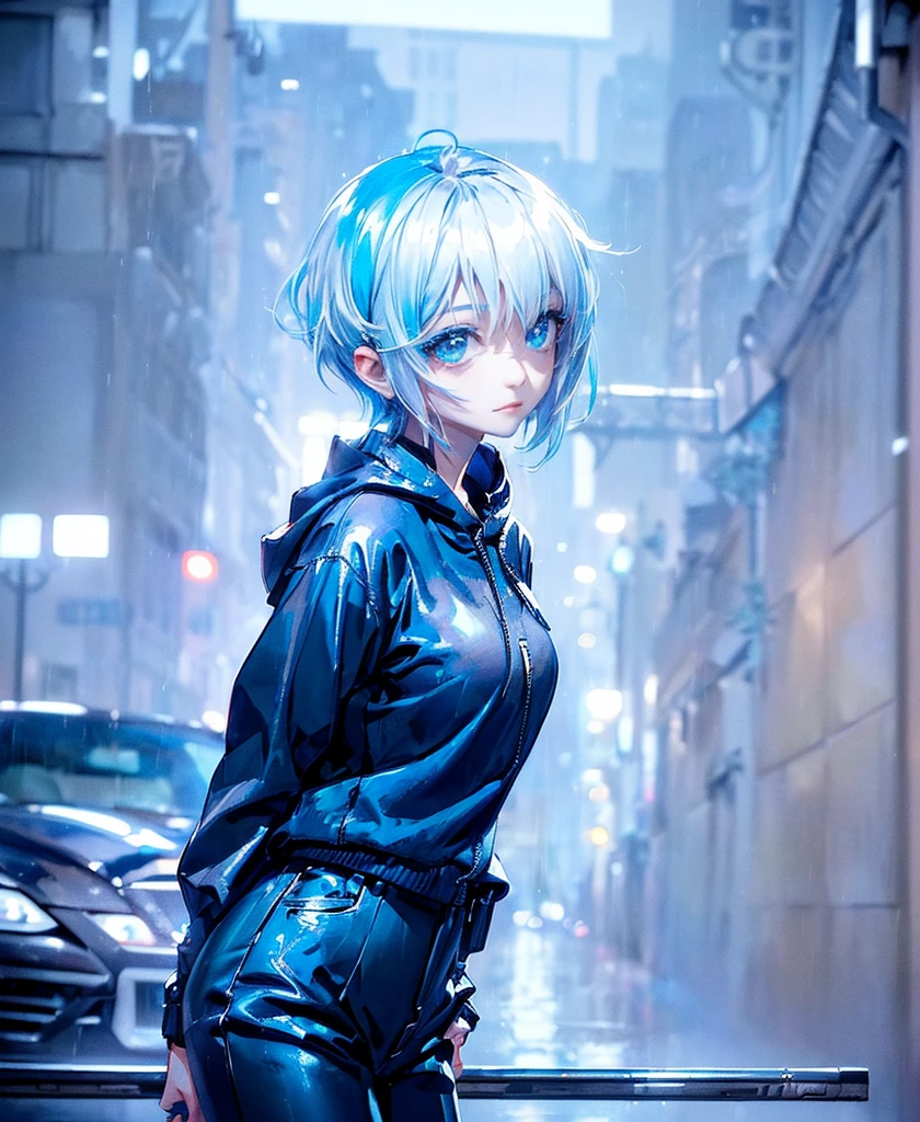 ((4K Works))、masterpiece、(Highest quality)、One beautiful girl、The body is slim、expensive、((Black Y-shirt and white pants、Charming street style))、Please put on a jacket.、Wearing a hood to hide his face、(Beautiful eyes in every detail)、Morning City、((Rainy Town))、Fashionable city with morning rain、During a walk、((Face similar to Carly Rae Jepsen))、((short-haired gray hair))、((Makes your face smaller))、((Neutral face))、((Bright Blue Eyes))、((American adult women))、((Adult female, 2))、((Cool woman))、((Like a celebrity))、((A lonely look))、((Korean Makeup))、((elongated and sharp eyes))、((Happy Date))、((boyish))、((Upper body photo shoot))、Professional photos、((Model Photo))、((Shot alone))、((She is under the roof))、((Look up at the sky))、((Shooting from behind))、((She is looking upwards))、((Her eyes are looking up))、((Increase the angle of the face))、((She is walking in front of the viewer))