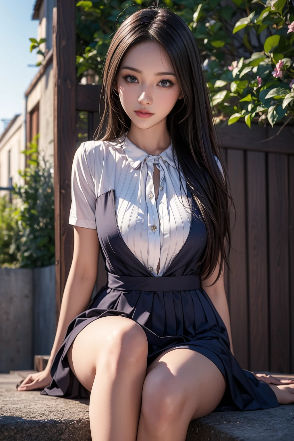 best quality, perfect face, intricate, beautiful scenery, ultra realistic 8k CG,perfect artwork, 1girl, nanami, medium breasts, beautiful skin, beautiful legs, beautiful face, beautiful body, high school uniform, white blouse, outdoor, school garden, depth of field, looking at viewer, 