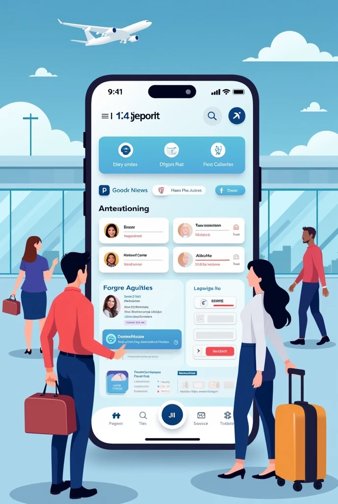 now create a main application screen having all the personal documents as: passport, identity, driver&#39;s license, etc., get your questions answered by a service center , to check in via face id through the airport app, to find each store at the airport with totals and a map to locate yourself using the app, saved by the airport app with a more modern UX design containing all this information on the home screen