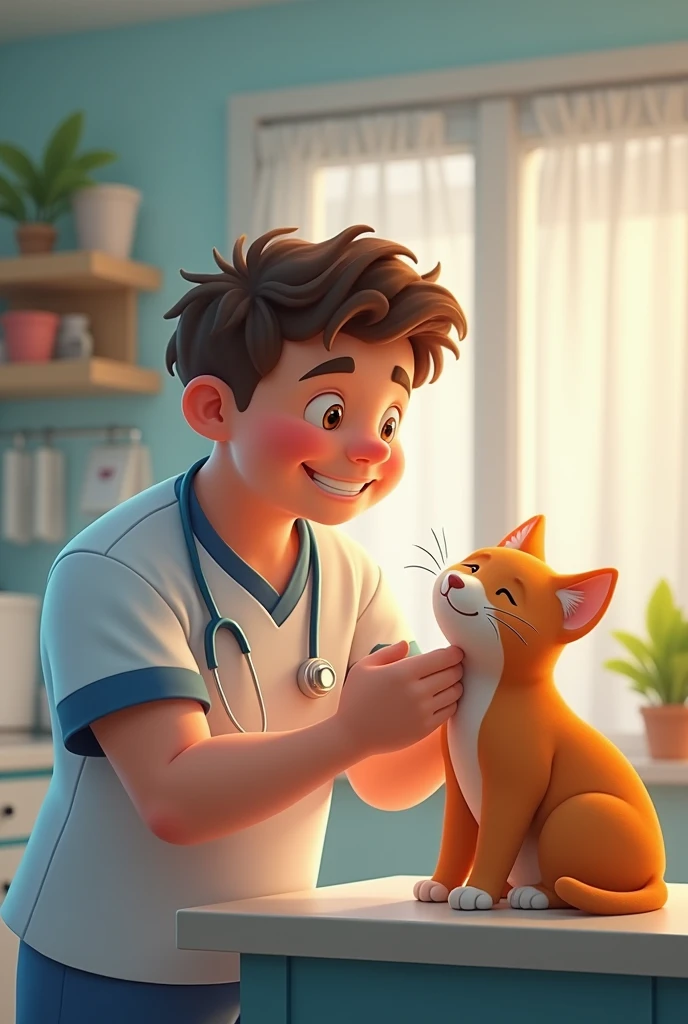 Chubby cheeks veterinary assistant male cute treating cat