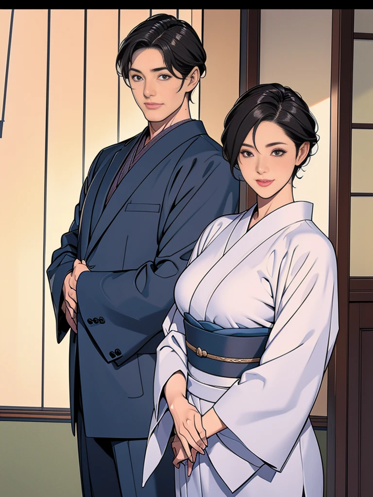 Double,Japanese Wind,Photorealism,detailed,masterpiece,Mature,Gentle men in suits and big-breasted women in kimonos,Smile,Standing,short hair