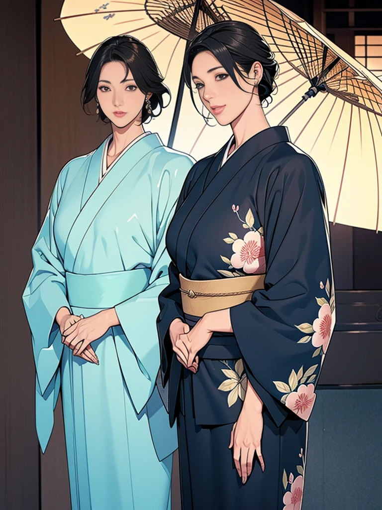 Double,Japanese Wind,Photorealism,detailed,masterpiece,Mature,Gentle men in suits and big-breasted women in kimonos,Smile,Standing,short hair