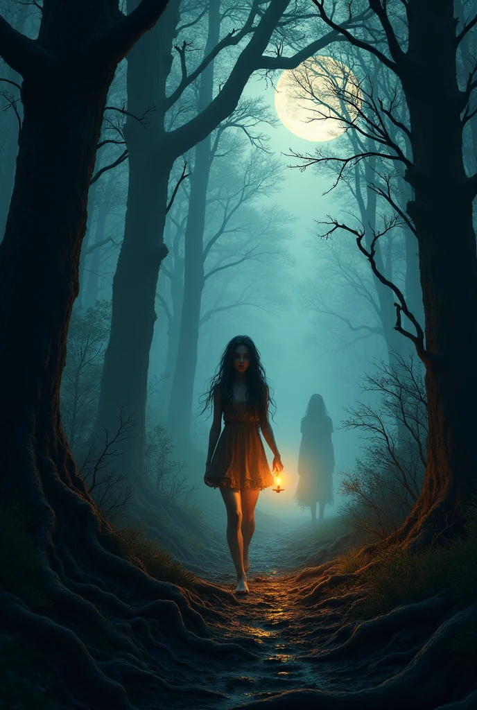 Lina cautiously walks through the dense, dark forest with a flickering candle in hand. Tall trees cast ominous shadows, and ghostly figures flicker in the distance. The moon barely illuminates the eerie surroundings, creating a sense of foreboding.
