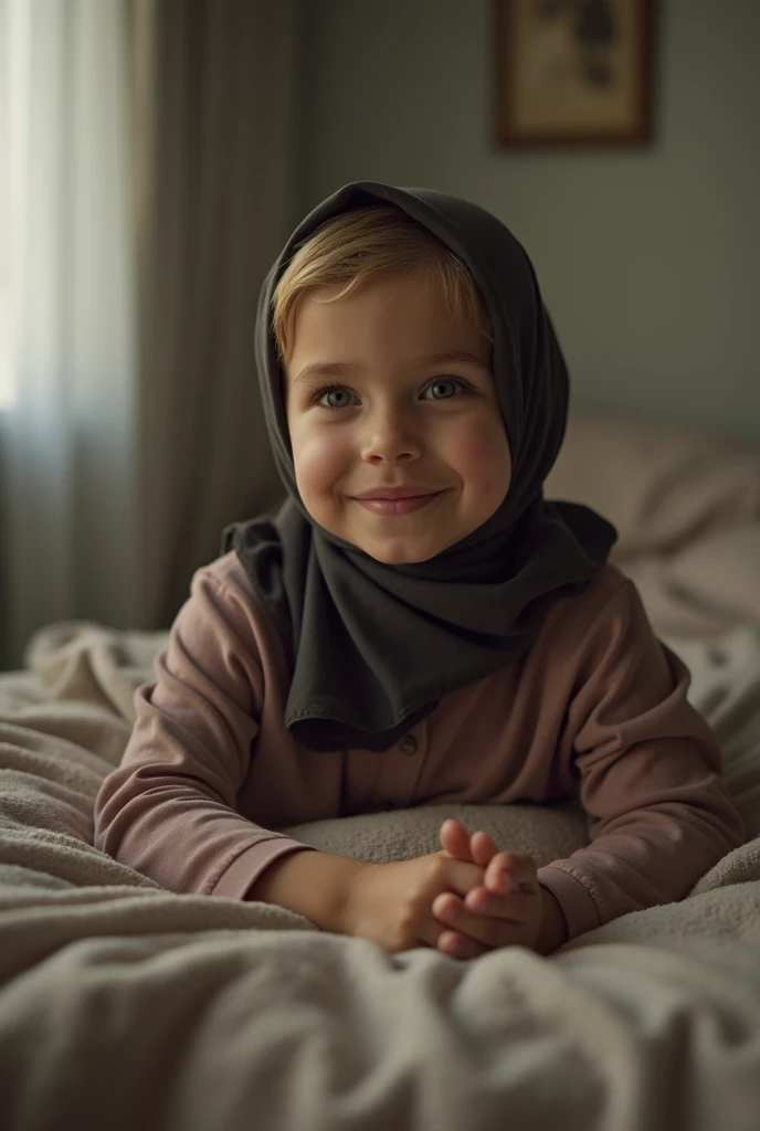 Girl in hijab lies on table young in panties and bare chest 