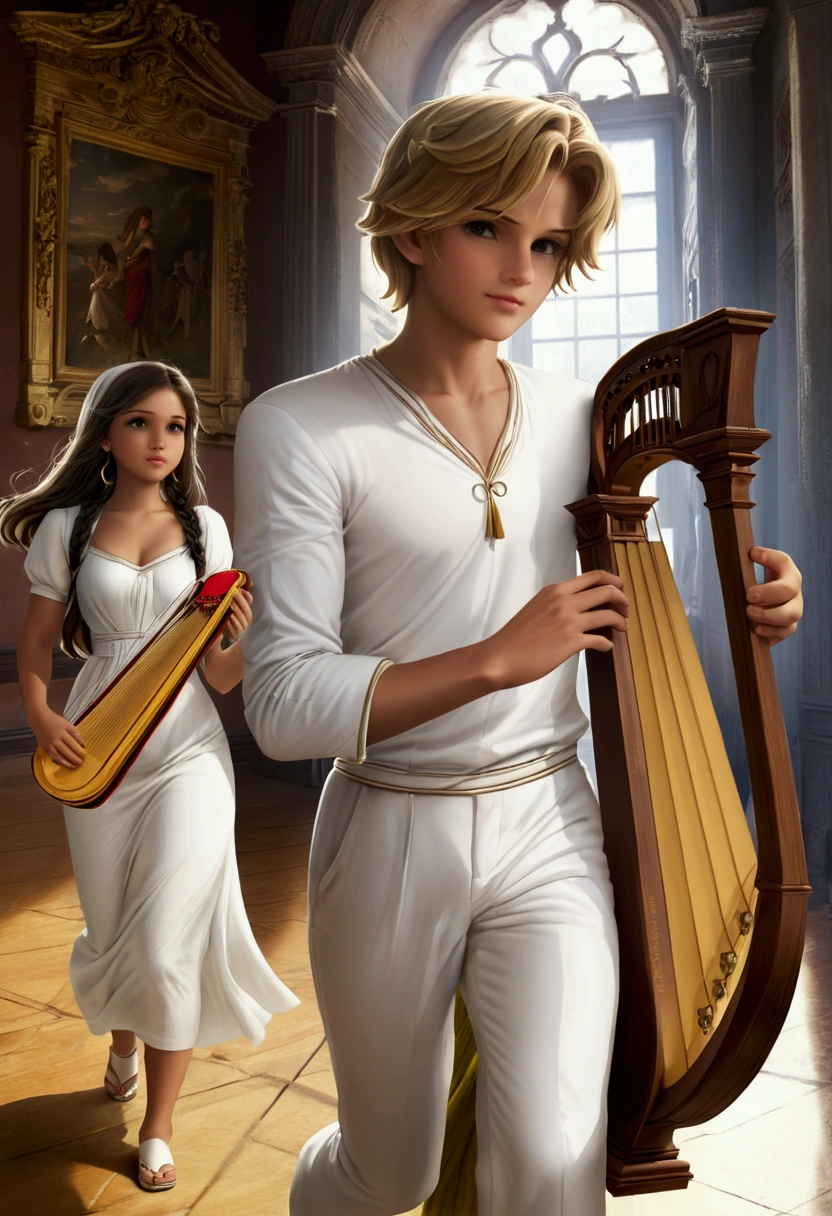 A boy wearing white cloth carrying a lyre while a girl is walking towards the boy 