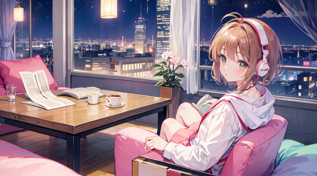 Card Captor Sakura、City Pop, Night view, Wear headphones,Reading a book, whole body, Relax Coffee,table,making,look at me,80's、90Period Fashion