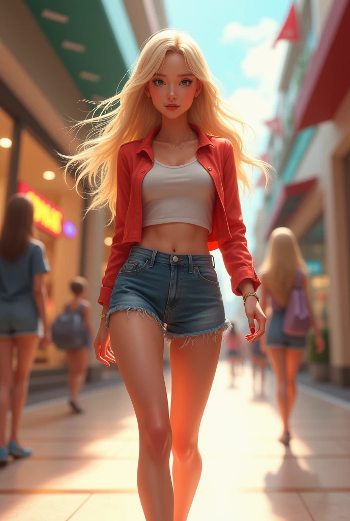 Young woman, Twenty years old, I have blonde hair, beautiful face, Asian face, Fair Skin, Big breasts,Thin waist, Big butt, Wear a shirt, miniskirt, walking in the mall, Painting style 2.5D