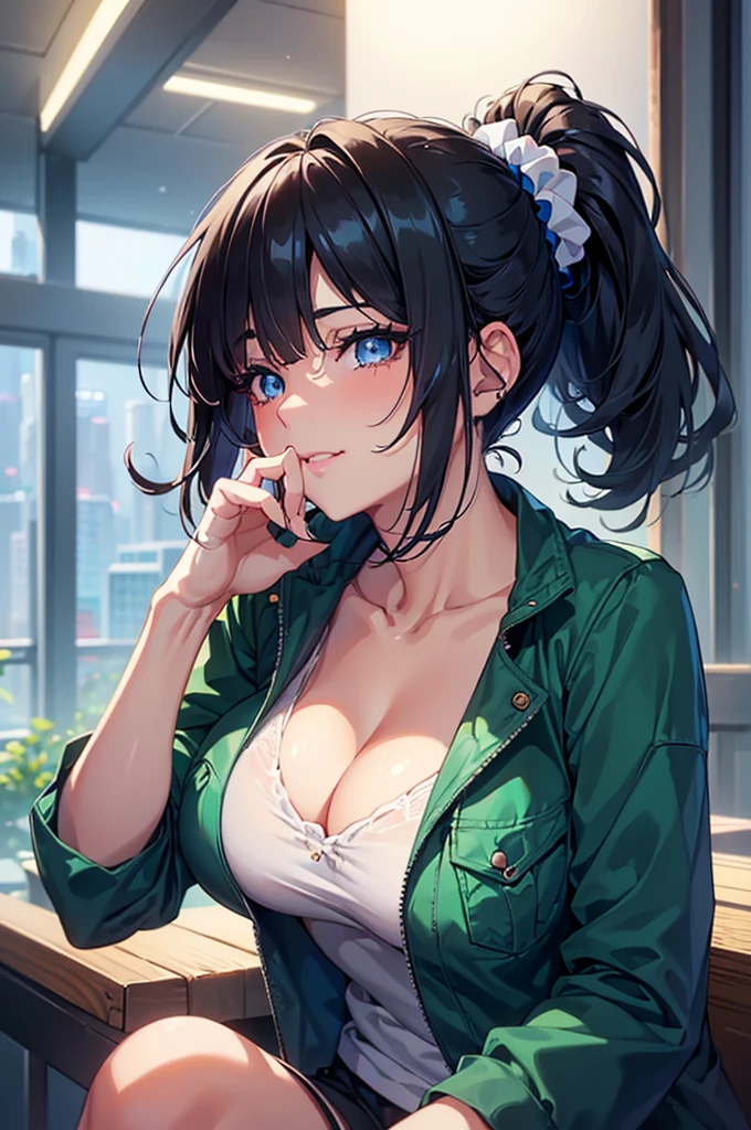 ((short hair, Highest quality, High resolution, Hmph, Pixel perfect, 4K, Hmph, Hmph))), One Girl, single, alone, Beauty、 (( bangs, Black Hair、ponytail、Scrunchie)), ((Big blue eyes, Beautiful eyelashes, Realistic eyes、Double)), ((Detailed smile, )), ((Smooth texture:0.75, Realistic texture:0.65, Realistic:1.1, Anime CG style)), , Perfect body, green spencer jacket、pants