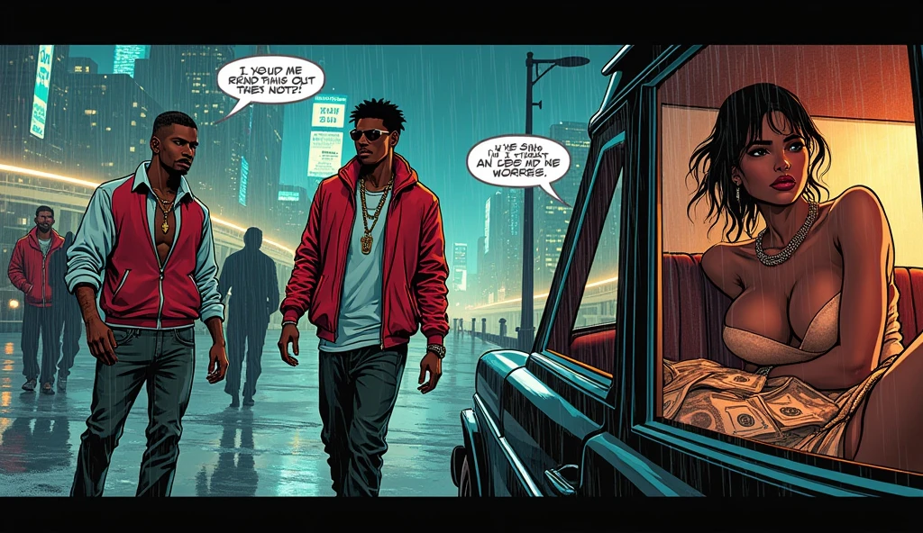 a DC comic page, many sence and conversations , two rappers (boys) , a sexy girl in diff car and smoking , and some rain and money