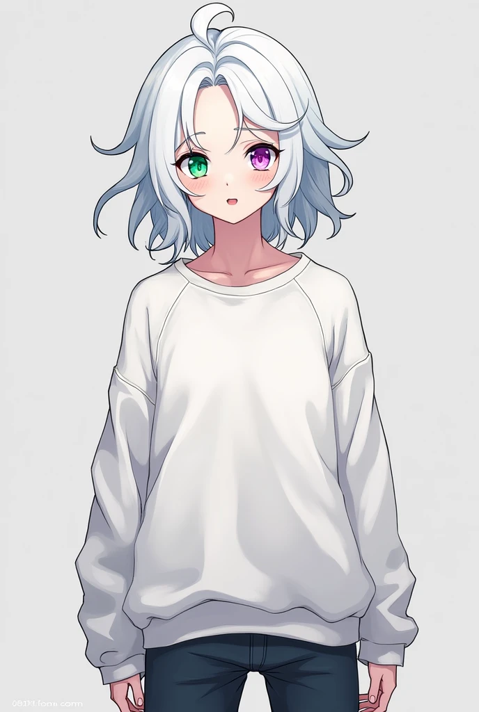 A man with a playful appearance, shoulder-length white hair, one eye of bright green color and the other of violet color, has approximately 1.20 tall and wears a loose white sweatshirt. NON-EFFEMINATE MAN, IT'S A MAN NOT A WOMAN. Anime version for RPG.