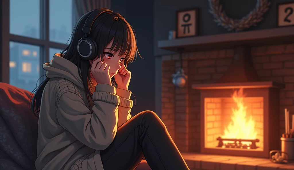 Perfect image, 8k、winter、high school girl、sweater、Long trousers、Using headphones、fireplace、 2D-style animation, Lo-Fi、Retro、Emotional、Anime style illustrations