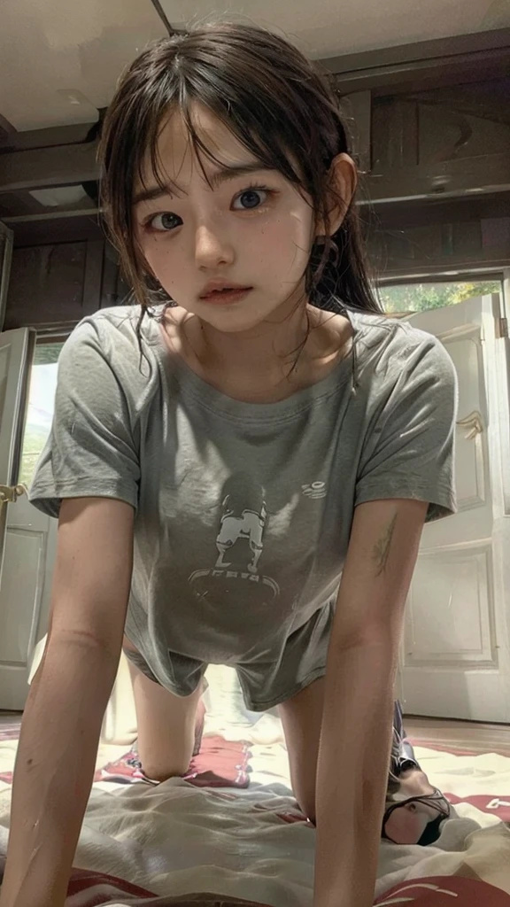 One girl, T-shirt on all fours