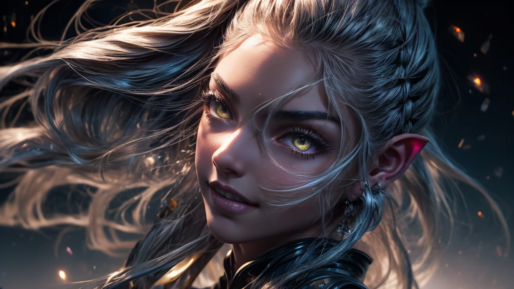 World of warcraft, drainei female, paladine, full armor, full body, slender, lean with defined muscles, 21years, wearing fancy leather clothes, pale white skin, silver hair, braided ponytail, (perfect ears), hair behind ear, long hair, very long hair, undercut, mismatched sclera, half-closed eyes, glaring, longeyelashes, solid circle eyes, amber eyes, pointy ears, evil smile, seductive smile, fantasy art, Realism, Op art, Cubist Futurism, optical illusion, backlighting, cinematic lighting, depth of field, gray flat solid background, front view, first-person view, Eye-Level Shot, f/1.8, 135mm, Fujifilm, Sony FE GM, masterpiece, anatomically correct, super detail, textured skin, UHD, studio photo.