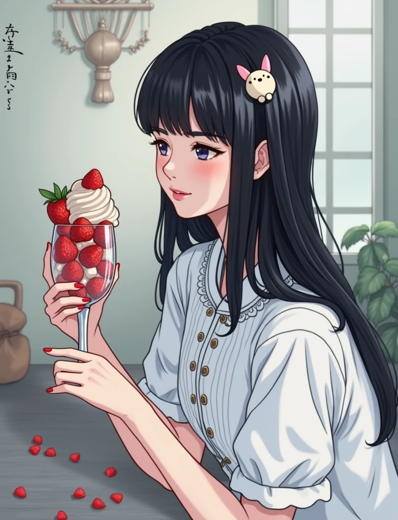 A woman is holding a glass of ice cream and strawberries, Yoshitomo Nara, Ishida Sui with black hair, shinsui ito, shikamimi, Chiho, sakimi chan, Kotegawa Yui, kimi takemura, ayami kojima amano, My motto is Teshirogi, Chiho ashima