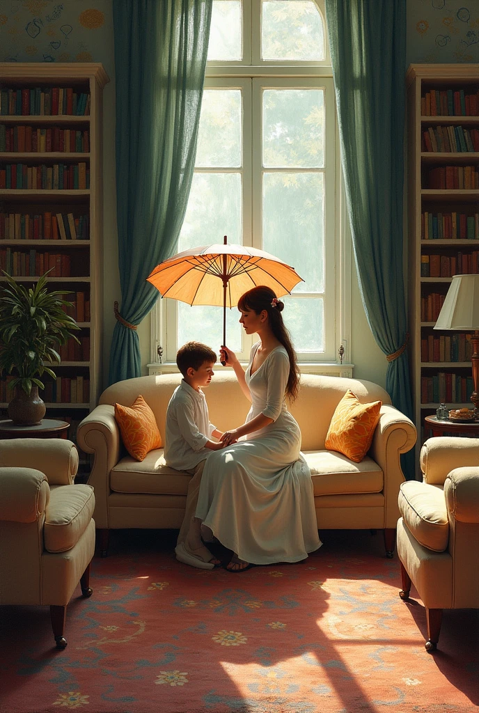 Create an image with the picture Woman With A Parasol - Madame Monet And Her Son in the living room with 2 bookshelves, 2 sofas and 1 table.