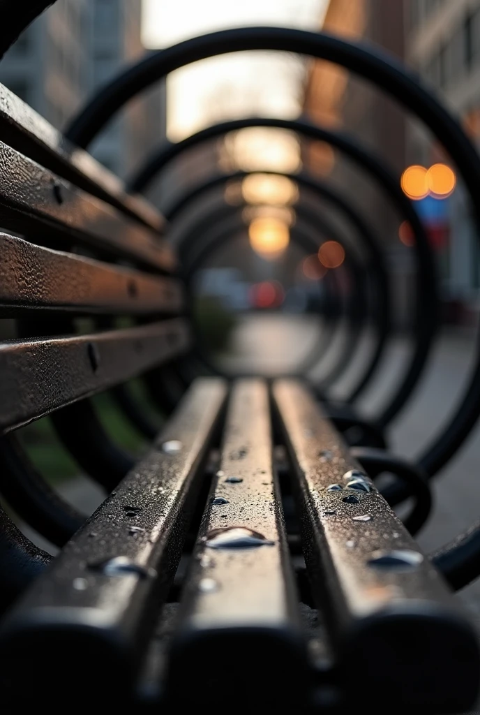 Create a black-and-gold photograph with a unique perspective. The image should focus on a park bench captured from a low angle, looking through a series of circular metal rings that line the sides of the bench. The rings should form a tunnel-like effect, leading the viewer's eye toward a vanishing point in the distance. The bench should appear slightly wet, as if it had recently rained, with city buildings and a street visible in the blurred background. The overall mood should be atmospheric and contemplative, highlighting urban solitude