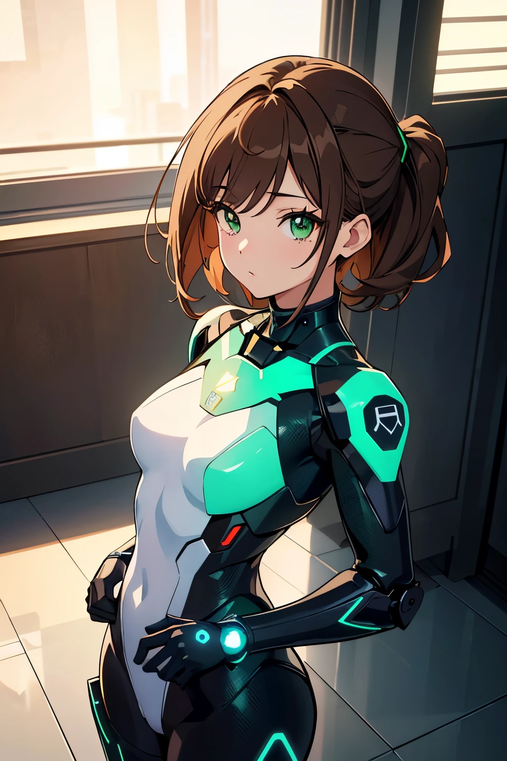 ((masterpiece, Highest quality, High resolution, 超High resolution, Pixel perfect, Written boundary depth, 4K, RTTX 10.0, High resolution))), 1 person, single, alone, Beautiful Anime, Beautiful art style, Anime characters, ((Shortcuts, bangs, Dark brown hair)), ((Green Eyes:1.4, Round eyes, Beautiful eyelashes, current eyes)), ((Smooth texture:0.75, Anime CG style)), ((Dynamic Angle, close)), Perfect body, (cute), Normal chest, whole body, ((4K, 8k, Highest quality, Perfect Fingers: 1.3, Perfect Anatomy: 1.3, Background Blur)), whole bodyアングル, Illustration of a girl in a mech suit, The characters are dressed in highly functional and stylish mecha suits.、The suit is designed to fit the body、Features various parts that support movement and glowing energy lines, The suit's color has a metallic texture., The background is a futuristic city and a battlefield.、Overall powerful、A scene full of sci-fi vibes