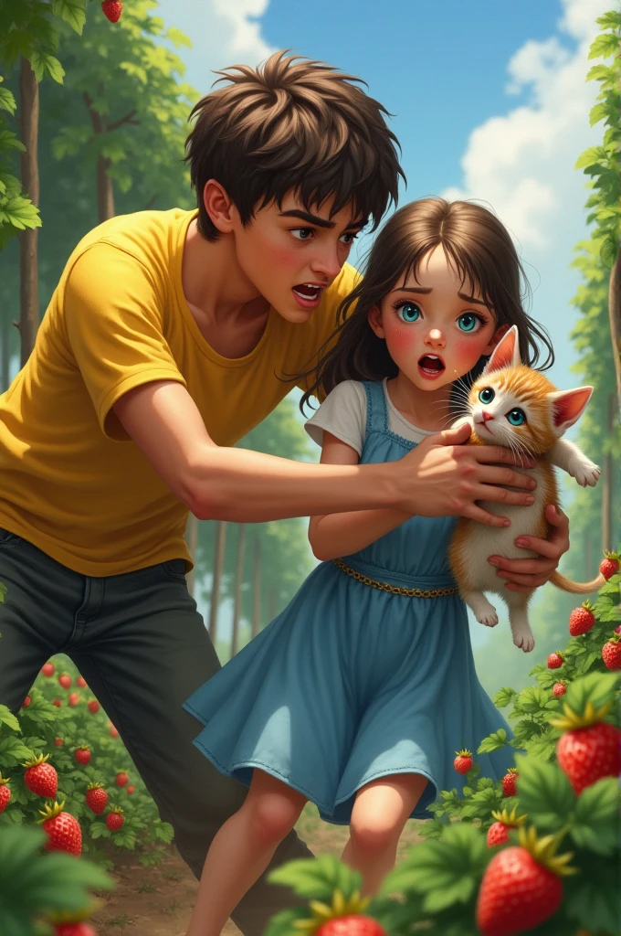 A young man with brown eyes in yellow t shirt with anger snatched the little white kitten with blue eyes with girl with blue eyes and blue frock and girl and kitten are crying in the strawberry garden AI image