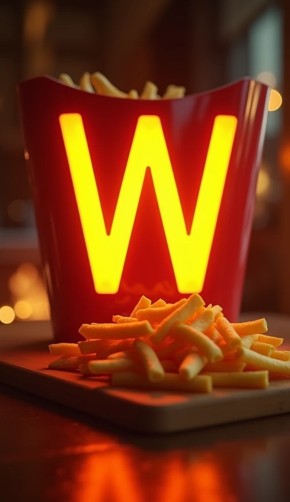 (masterpiece, best quality:1.2), (detailed, hyper-detailed, 8K HD, ultra-realistic:1.3), a scene where the "Wack" logo appears prominently on the screen. The "W" is emphasized, with a subtle silhouette of fries in the background. The overall design is simple, yet the logo and fries are visually striking. The warm lighting illuminates the scene, with the background kept minimal to allow the silhouette of the fries to softly stand out. The image is rendered in ultra-high resolution, RAW photo quality, capturing every detail with sharp clarity.
