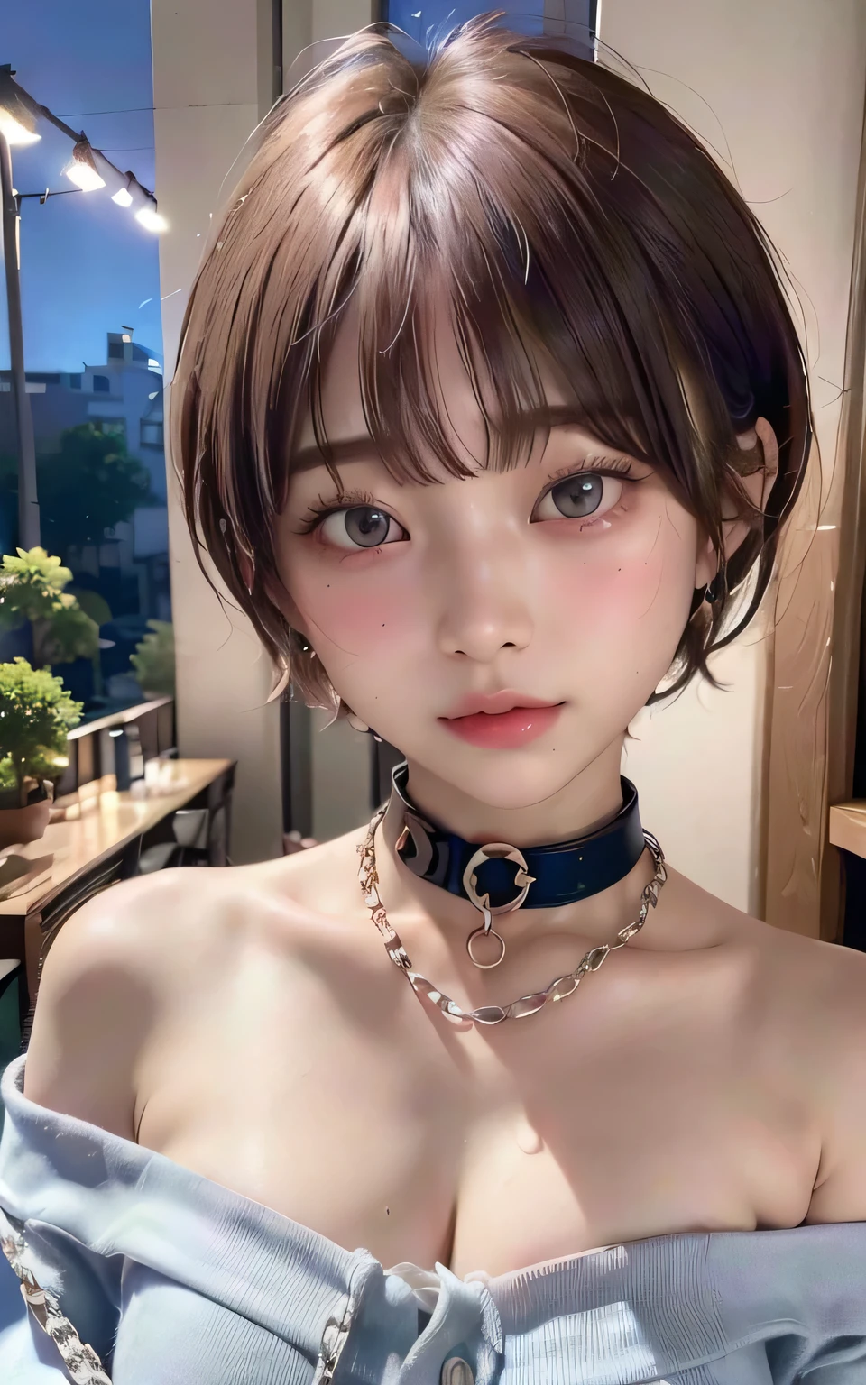 (Highest quality:1.3)、(Masterpiece:1.4)、Raw photo、8k、((Best image quality))、 ((High resolution))、Beautiful face in every detail、Realistic human skin、(Cute natural anime face)、(One Woman:1.3)、Realistic、Photorealistic、short hair、(Beautiful woman)、((Cool Japan girl))、(boyish:1.3)、mannish、((Beautiful woman))、(Beautiful Hair)、((Dark brown hair))、(Blushing:1.6)、(Fashion Model:1.3)、(Every woman admires her face:1.3)、((Her eyes are big))、20 year old beauty、(Small face)、Small Head、((Long neck))、(パーティーdress)、dress、((Bedroom))、(Thick chain collar:1.4)、restrain with chains、(The aspirations of young people)、(Night Scene:1.3)、((Please make me your sex slave))、((I want to be your sex slave))、((The most beautiful girl at the party))、Attractive lips、everyone will love her、(Cleavage)、Off the shoulder、((sexual excitement))、sexual feelings、Thick chain collar、(Embarrassed look:1.2)、((temptation))、sexly、Sex Appeal、eros、Get attention from the audience、(Medal around neck)