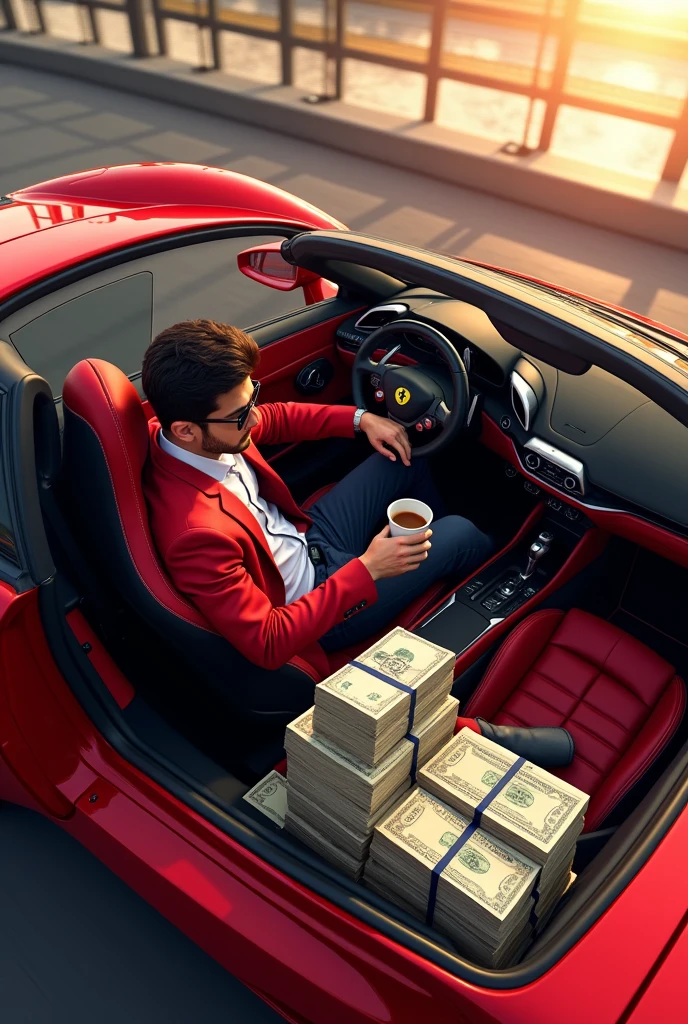 Sitting in a Ferrari having one hand on the staring and having coffee in other hand and on the having 1000 bundles of money on co-pilot seat.
