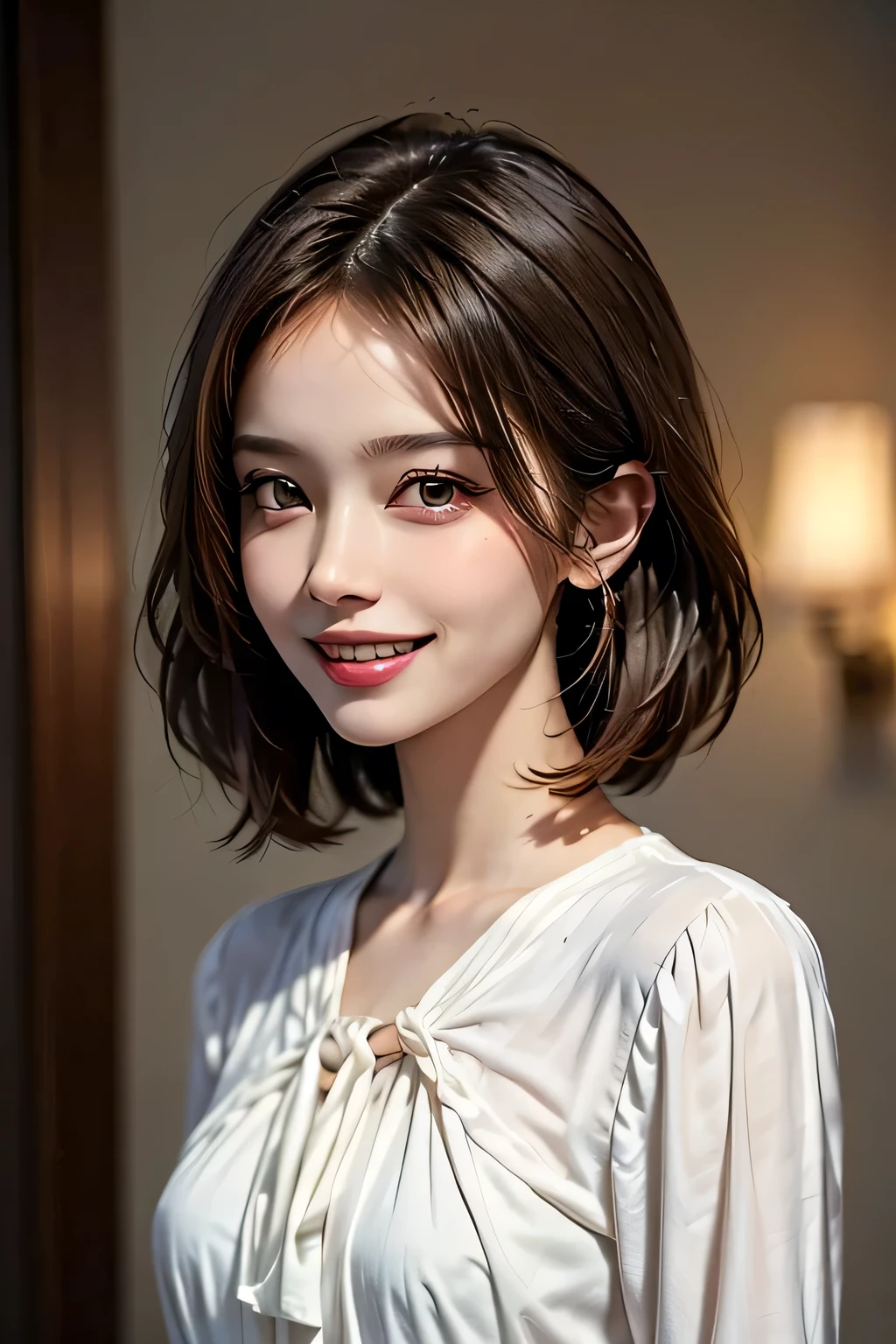((masterpiece)), ((Highest quality)), ((Complex)), ((Surreal)), (Realistic), (Mature Woman), ((No classes)), Very detailed, (1 female), Beautiful and exquisite, (Beautiful Teeth), Grin, Brunette bob hair, Brown eyes, ((blouse)), (Upper Body), ((background:none)), Perfect Eyes, Captivating eyes, Looking at the audience